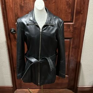 EUC  soft leather zip up belted coat.